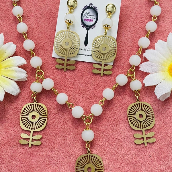 Atomaire Daisy ketting Mid Century moderne stijl ketting set Retro bloem Mod verklaring ketting jaren 1960 jaren 1970 Vintage bloem sieraden