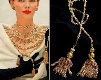 SATC Midcentury Mod Long gold Tassel Necklace Bohochic 1960s Vintage Jewelry Just Like That Season 2 Damita style Necklace Tassel necklace