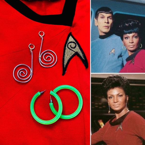60s inspired Star Trek Commander Uhura style vintage repro earrings SET Large green hoop earrings 60s Gold Spiral Drop vintage hoopearrings