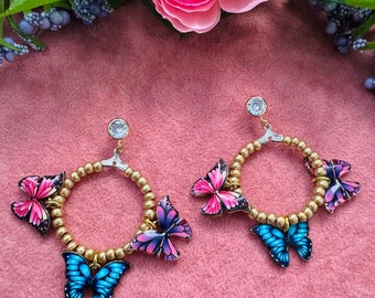 Fairycore hoop earrings 60s hoops Butterfly jewelry Pink Blue and purple butterflies Vintage jewelry Marie Antoinette Fairy jewelry cosplay