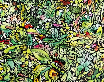 Floral Green Watercolor and Ink Print, 8.5x11