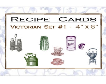Victorian Kitchen Recipe Cards: Tea Kettle, Cups, Shakers (4"x6")