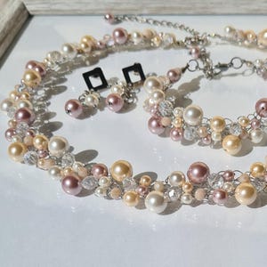 Pearl Wire Crochet Jewelry set, Chunky Pearl Jewel, Shell Pearl Necklace, Bracelet, Dangle Earrings, Crystal Jewelry Set, Pale Shell Jewelry