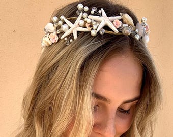 Beach party crown, mermaid tiara, bohemian shell headpiece, pearl starfish crown, beach hair accessorie, flower girl tiara, starfish crown