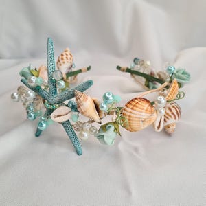 Starfish headband, mermaid crown costume, blue shells tiara, starfish crown, beach party headband, sea star hair hoop, tropical headpiece