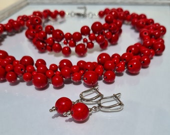 Fashion jewelry set, red coral necklace, bracelet, earrings, statement jewelry set, design jewelry, festive jewelry, stunning red jewelry