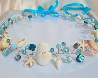 Seashell headpiece, blue beach hair accessory, shell tiara, mermaid crown, seashell hair vine, beach hair band, shell hair halo