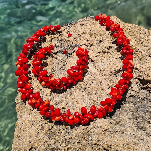 Bijoux en corail, bijoux faits à la main, collier de corail rouge, bracelet de corail, ensemble de bijoux de déclaration, collier en cristal rouge, bijoux de mode