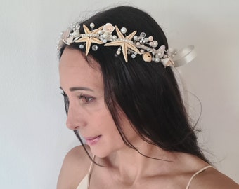 Seashell headpiece, starfish crown, beach wedding accessory, mermaid headpiece, white shells crown