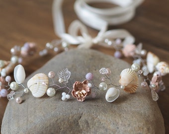 Seashell hair vine, beach shells headpiece, flower halo, pearls beach crown, beach wedding hair accessory, mermaid headpiece, tiara