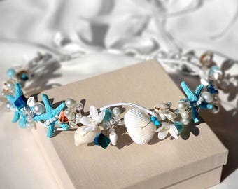 Beach bridal tiara, wedding seashell headpiece, starfish wreath, shell hair vine, mermaid crown, blue beach party crown, festive hair band