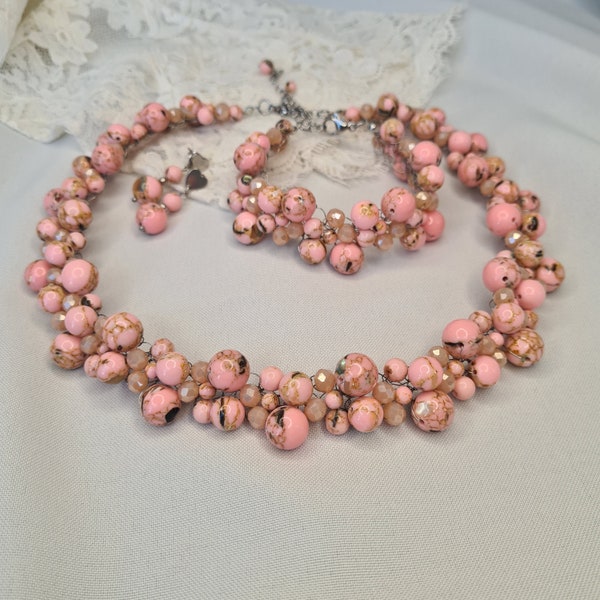 Chunky fashion jewelry, pink peachy necklace, bracelet, earrings, statement pink salmon jewelry, designer jewelry, festive handmade jewel