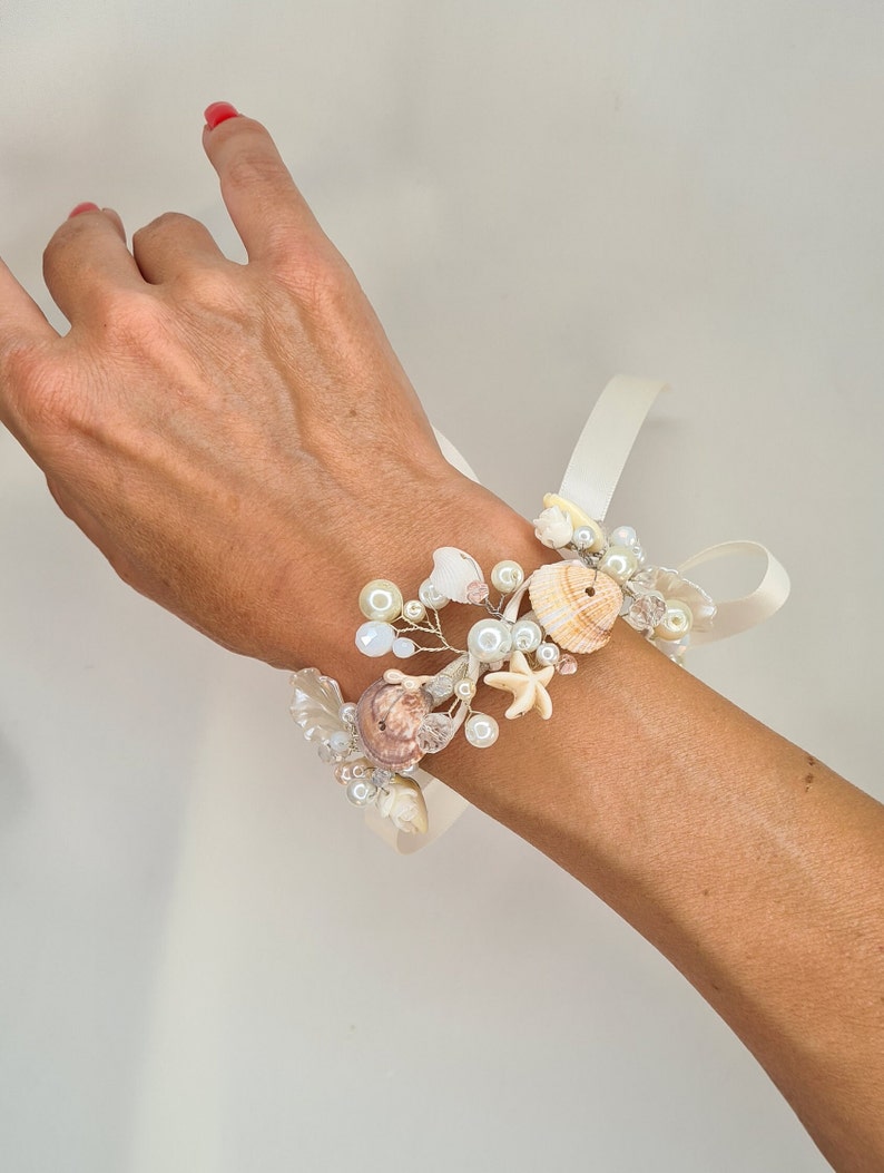 Beach Bridal Bracelet,Seashell Bracelet,Bridesmaid Corsages, Wedding Accessories, Boho Jewelry,Mermaid Accessories image 4