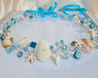 Blue seashell headpiece, beach hair accessory, shell tiara, mermaid crown, seashell hair vine, beach hair band, shell hair halo