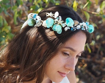 Beach headpiece, shells hair accessory, seashell hairpiece, mermaid crown, sea star head wreath, beach party headpiece, mint festive wreath