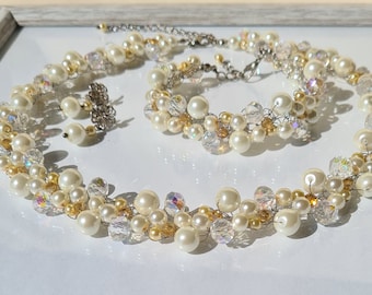 Pearl jewelry set, wedding jewelry, bridal necklace, pearl necklace, crystal jewelry set, summer jewellery, stunning handmade necklace