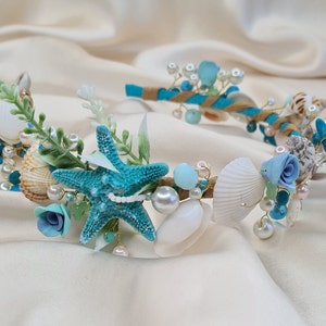 Blue beach tiara, shells headpiece, mermaid headband, seashell crown, starfish tiara, seashell hairpiece, blue beach crown, starfish tiara