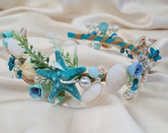 Blue beach tiara, shells headpiece, mermaid headband, seashell crown, starfish tiara, seashell hairpiece, blue beach crown, starfish tiara