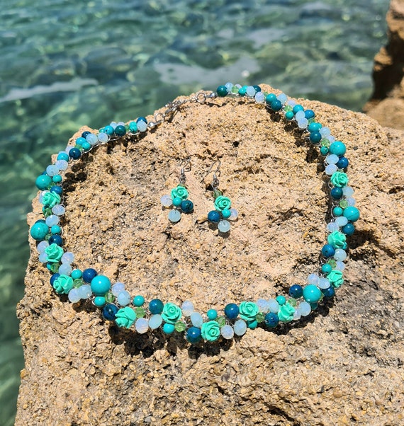 Green Necklace Turquoise Jewelry Flower Statement Necklace Floral Jewelry Sets Cute Necklace Delicate Jewelry Handmade Jewelry Etsy