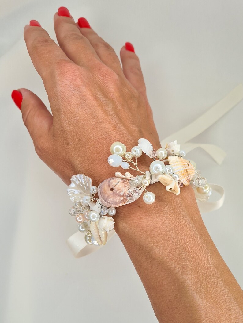 Beach Bridal Bracelet,Seashell Bracelet,Bridesmaid Corsages, Wedding Accessories, Boho Jewelry,Mermaid Accessories image 1