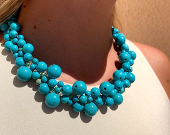 Gros collier turquoise, bijoux en pierres précieuses turquoise, magnifique collier turquoise, collier tendance, collier au crochet, bijoux tendance