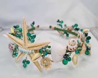 Emerald mermaid tiara, seashell head wreath, beach hair accessory, shells headpiece, green beach hair band, seashells tiara, nautical crown