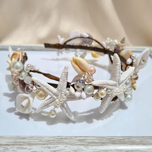 Haarring schelp, haaraccessoires Sea Star, zeemeermintiara, kroon strandfeest, schelpenzendspoel, nautische tiara, bestemming bruiloft