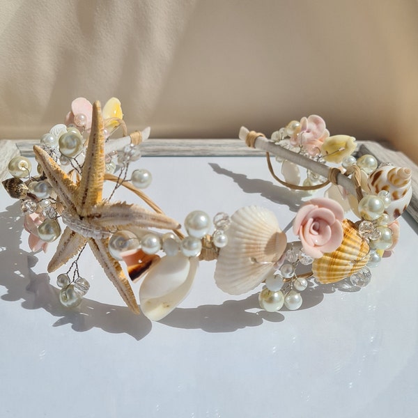 Beach Bridal Tiara,Wedding Shell Headpiece,Pearl Starfish Crown,Wedding Accessories,Mermaid Hair,Flower girl tiara,Shell crown