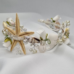 Starfish crown, mermaid tiara, wedding shells headpiece, white beach party crown, hair accessory, flower girl tiara, seashells hair band