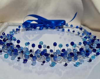 Royal blue headpiece, crystal hair piece, blue crystal tiara, blue hair vine, festive hair band, blue bridal diadem, blue tiara, hair halo