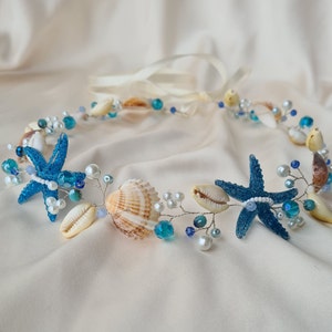 Schelpenzendspoel, blauw strandhaarstukje, schelptiara, zeemeerminkroon, schelphaarwijnstok, nautische haarhalo, strandhaaraccessoire