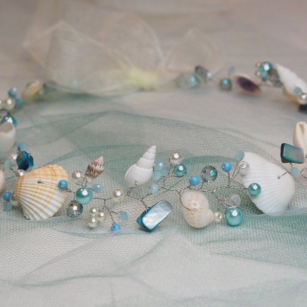 Seashell headpiece, Nautical wedding hair accessories, Mermaid hair vine  Shells hair halo, Seashell tiara, Blue shells crown