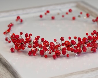 Red crystal crown, red stunning tiara, red headpiece, crystal diadem, red hair band for bride, hair vine, crystal hair halo, red crown