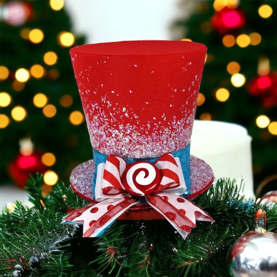 Chapeau De Sapin De Noël Haut-de-forme Avec Ruban Canne à Sucre - Décoration étoile Rouge Pour Le Sommet De L'arbre - Tissu Résistant, Design Pliable