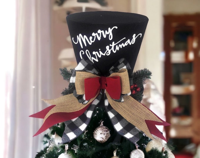 Featured listing image: Merry Christmas Rustic tree topper Shabby Chic buffalo print Christmas farm house tree topper rustic top hat tree topper black and white