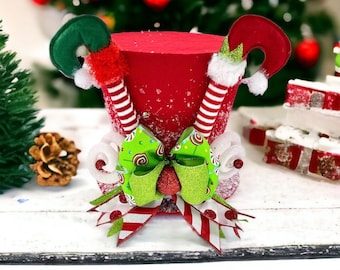 Elf Tree Topper: Whimsical Christmas Top Hat, Peppermint Theme