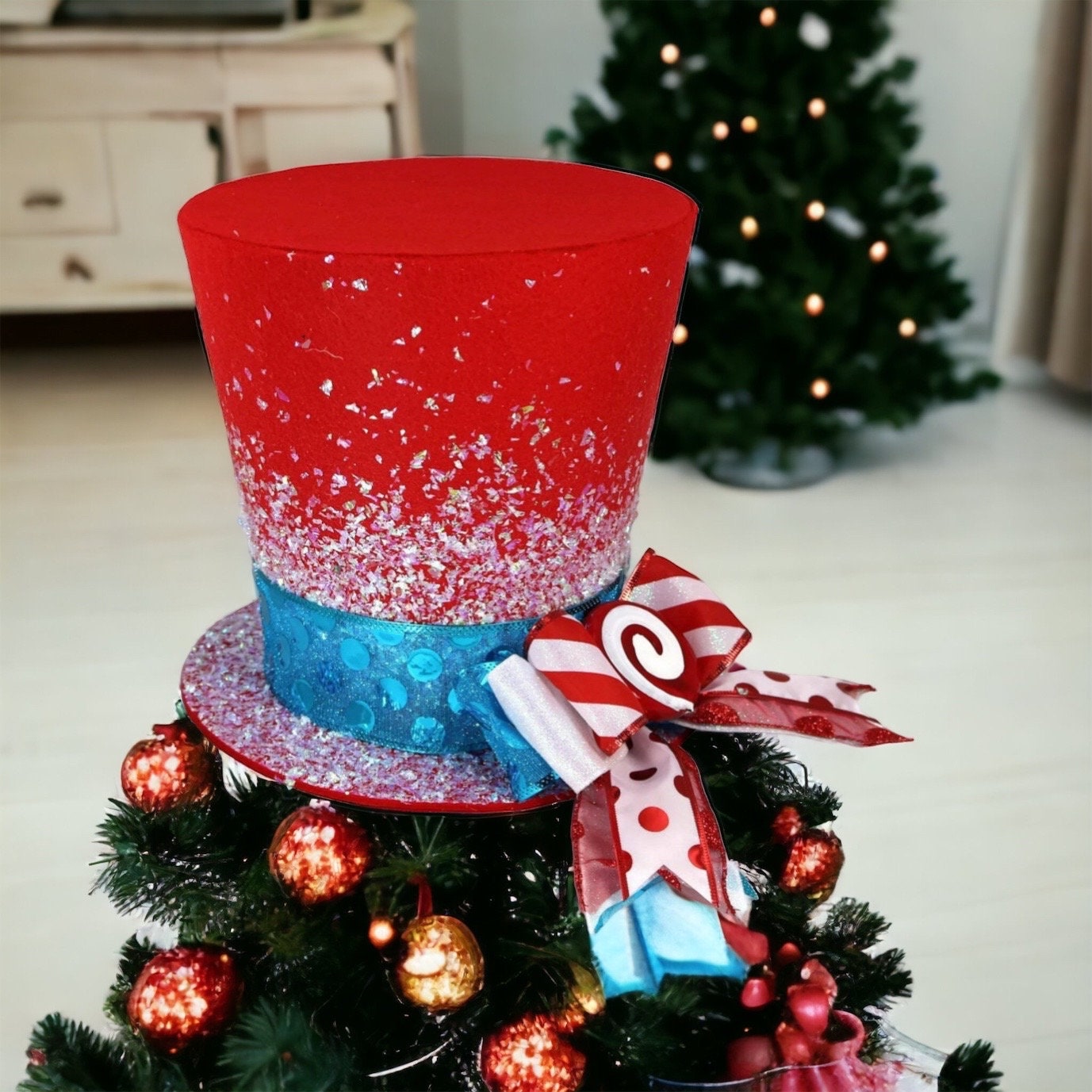 Cappello Per Albero Di Natale Con Fiocchi E Bastoncini Di Zucchero – Puntale Rosso A Stella In Tessuto