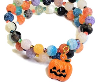 Pumpkin Charm Halloween Memory Wire Beaded Wrap Bracelet Halloween Memory Wire Bracelet, Beaded Wrap Bracelet with Pumpkin Charm