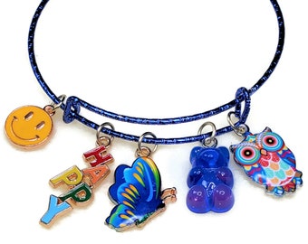 Blue Bracelet Charm Bracelet Blue Butterfly Gummy Bear Owl Enameled Bracelet