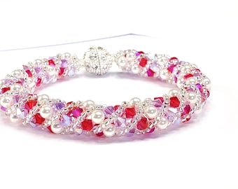 Valentines Day Fuchsia and Lavender White Pearl Crystal Bracelet