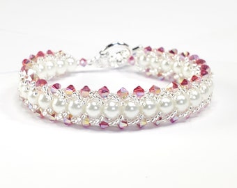 Pink Crystal and Glass Beaded Pearl Bracelet Wedding Bracelet Wedding Bracelet