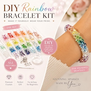 May include: DIY Rainbow Bracelet Kit with premium crystals. The kit includes all the materials needed to make a rainbow bracelet. The finished bracelet is shown on a wrist. The text says, "Make it yourself. Wear your pride."