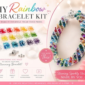 May include: DIY Rainbow Bracelet Kit with sparkling crystals. The kit includes colorful beads, a clasp, and string. The image shows a finished rainbow bracelet with a silver clasp. Text on the image says, "Make it yourself. Wear your pride."