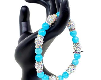 Blue Malaysia Jade Quartz Stretch Bracelet: Handmade Gemstone Jewelry
