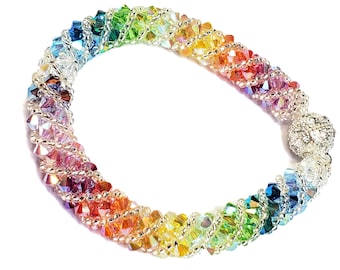 Rainbow Preciosa Crystal Handwoven Spiral Beaded Bracelet – Colorful Sparkling Handmade Jewelry Gift