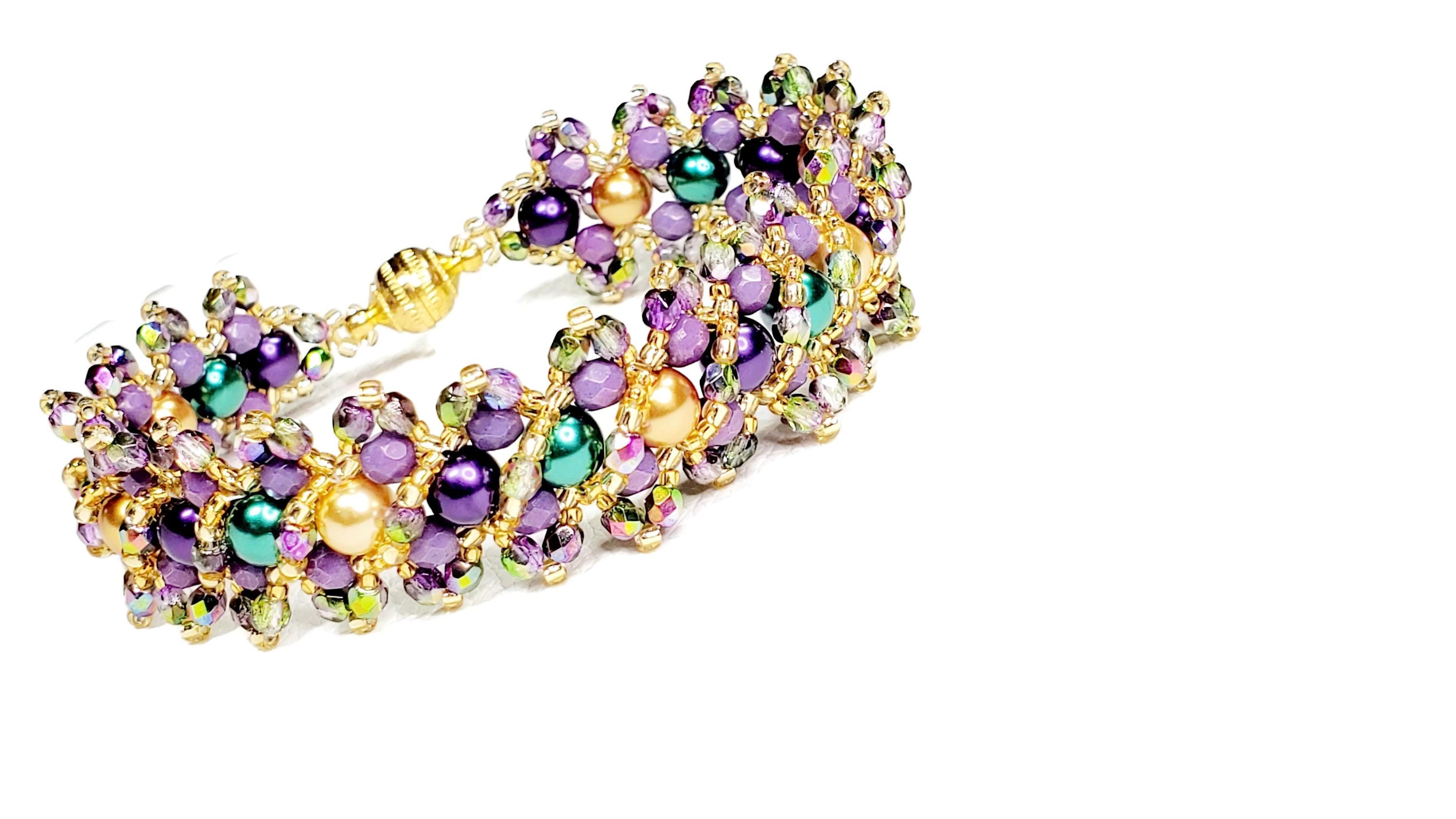 Purple Crystal Pearl Bracelet: Handwoven Beaded Beadweaving