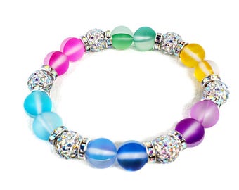 Rainbow Mermaid Glass Stretch Bracelet: Iridescent Boho Jewelry