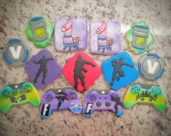 cookies loot llama v bucks floss dance dab video game remote controller birthday cookies jug juice party favors - fortnite v buck cake