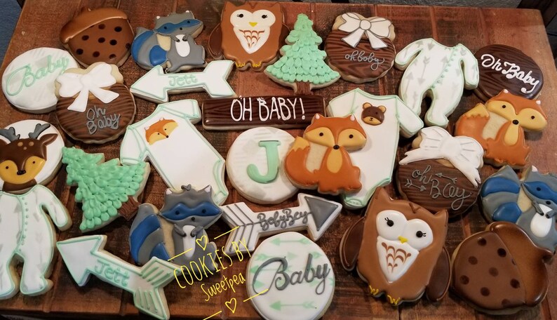 One Dozen Woodland Theme Baby Shower Cookies Fox Cookies Etsy