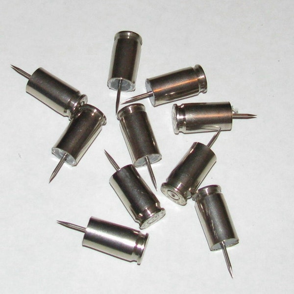 9mm Bullet Casing Thumb Tack Set of 10 Nickel. Gun Bullet Nickel Push Pins Thumb tacks